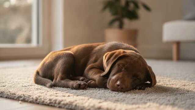 Cute chocolate labrador retriever puppy sleeping peacefully on a fluffy rug at home