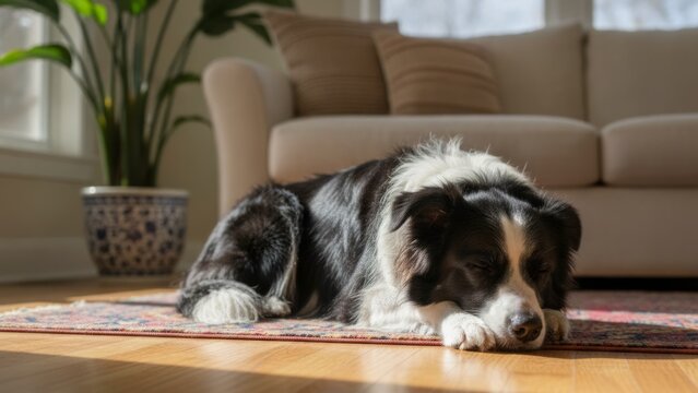 Cute border collie dog sleeping peacefully on a rug in a cozy living room