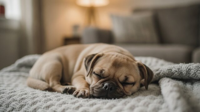 Cute small puppy sleeping peacefully on a cozy knitted blanket at home