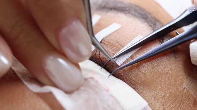 Eyelash extension process in a professional beauty salon, close-up view