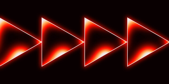 Vibrant red neon triangles glowing in a horizontal sequence against a dark minimalist background. Hand crafted digital abstract background.