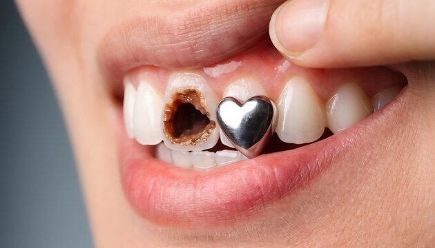 Decayed human tooth with severe cavity next to a tooth with a heart-shaped metal grill