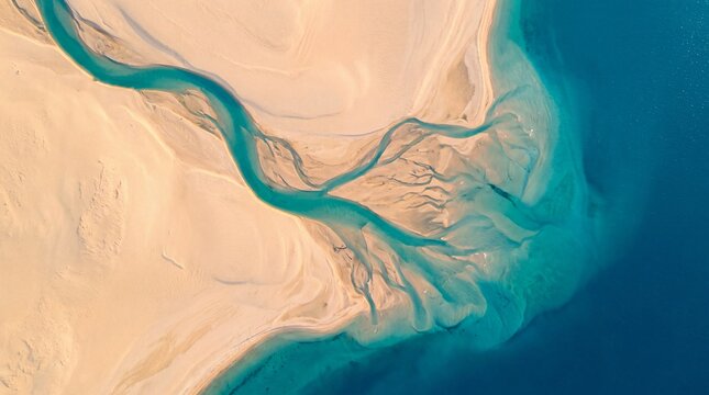 Aerial view of turquoise river delta flowing through desert sand, abstract coastal landscape, turquoise water and beige dunes