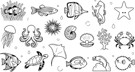 Obraz premium Set of various marine animals and sea creatures, handdrawn black and white vector illustration of fish, octopus, turtle, crab, and other underwater life