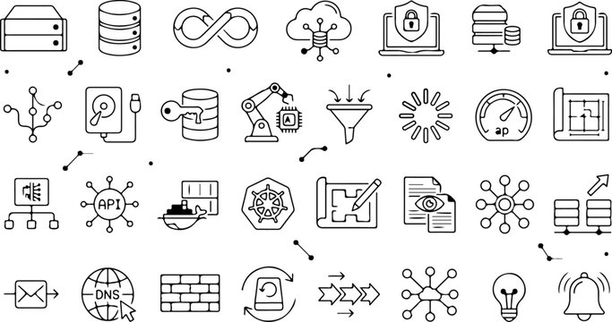 Set of thin line icons for devops, cloud computing, software development, and network infrastructure, isolated on white background
