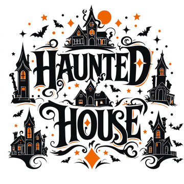 Haunted house halloween celebration banner with detailed mansions bats and stars detailed mansion bats illustration stars pattern scary design horror graphics creepy typography halloween