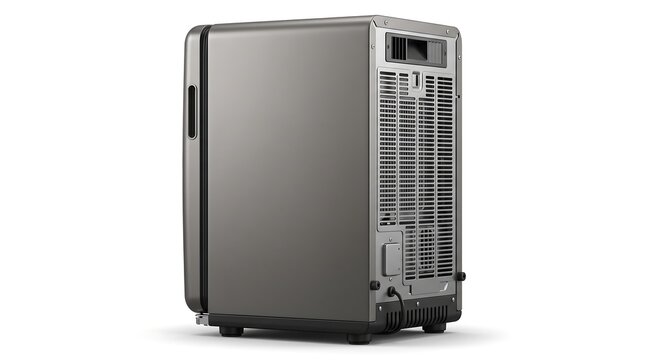 Modern portable air conditioner unit isolated on white background.