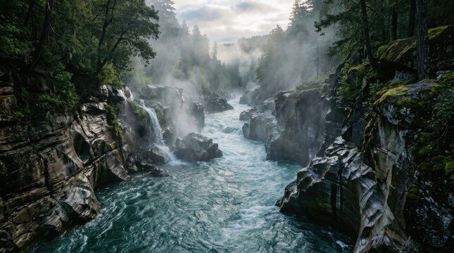 Alpine canyon wilderness: flow water, rise steam, deep abyss, stone cliff, green pine, swift stream, wild gorge, scenic cascade, dense forest, cold current, pure nature.