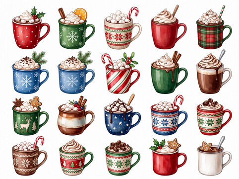Cozy Watercolor Hot Chocolate Mug Collection with Marshmallows and Christmas Details