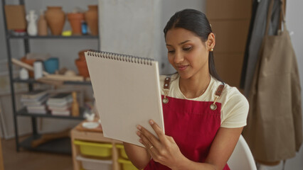 Naklejka premium Woman holds sketchbook with hands in a pottery studio, wearing red apron while studying sketches and clay pieces on shelves; contemplation.
