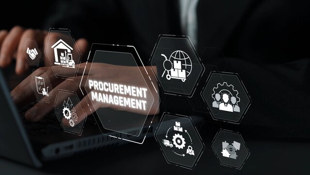 Professional Hands Engaged in Procurement Management with Digital Icons Illustrating Supply Chain and Business Processes Sigmoid