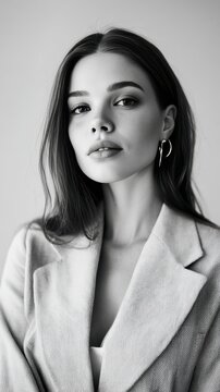 Black and White Businesswoman Model Monochrome Portrait in Blazer Photo. Fictional Character Created by Generative AI