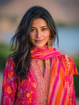 Young Indian Woman in Traditional Salwar Kameez with Dupatta and Gold Earrings Photo. Fictional Character Created by Generative AI