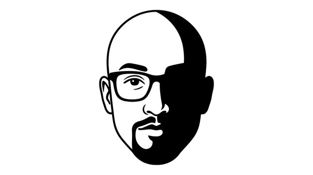 Minimalist portrait of bald man with glasses and beard.