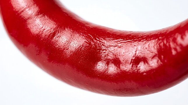 Extreme close-up macro shot of a fresh red chili pepper skin texture against a white background with spicy food vegetable surface chili detail close up ingredient photography isolated seasoning