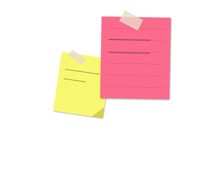Pink and yellow sticky notes with handwriting attached with tape for office reminders