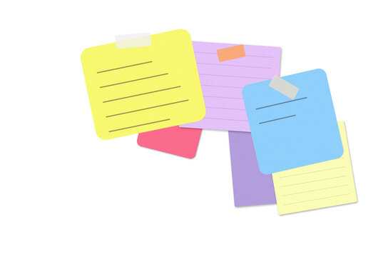 Colorful sticky notes with handwritten text and tape on a flat surface