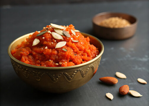 A small brass bowl filled with bright orange Gajar ka Halwa, garnished with slivered almonds, minimal dark background.
