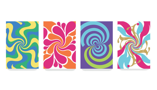 Set of four colorful psychedelic vertical posters with abstract retro swirl wavy and spiral background designs.