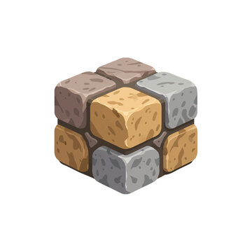 Stylized Isometric Stone Block Cube Game Asset Isolated on White Background