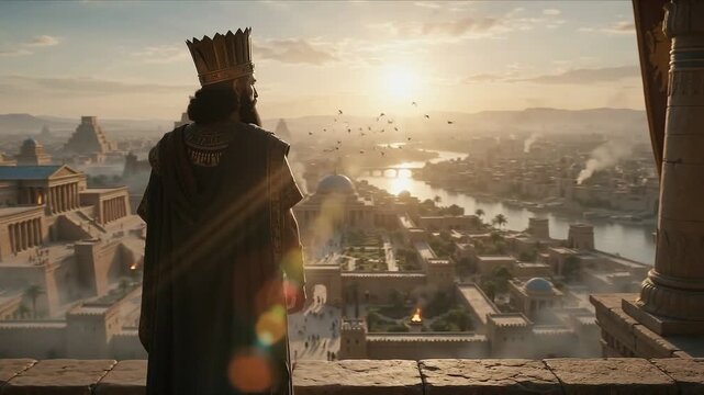 Epic silhouette of an ancient Persian king overlooking a magnificent ancient