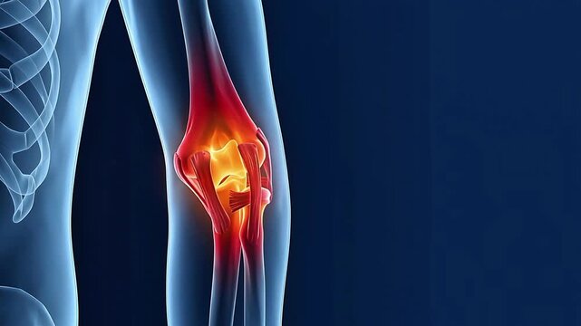 Glowing Red Elbow Joint Pain in 3D Medical Animation on Dark Blue Background
