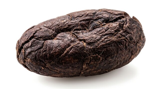 Single dried cocoa bean with textured rough surface isolated on a white background chocolate ingredient raw cacao bean texture cocoa seed macro shot close up chocolate ingredient agriculture