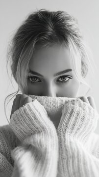 Black and White Female Fashion Model Monochrome Portrait in Stylish Outfit Pose. Fictional Character Created by Generative AI