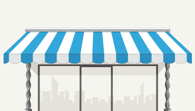 Shop storefront window template with a striped blue and white canopy awning and a distant grey city skyline outline.