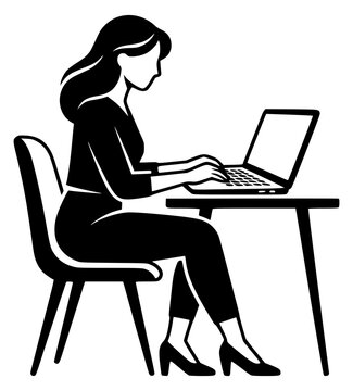 Young professional woman working on laptop at modern office desk with elegant heels