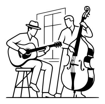Vintage jazz musicians playing acoustic guitar and double bass in retro studio session