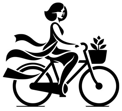 Woman riding bicycle with potted plant in urban eco-friendly commute illustration