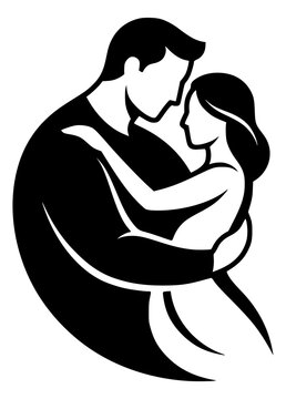 Silhouette couple slow dance embrace in elegant black and white minimalist art style