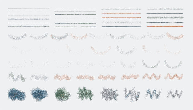 Abstract dot pattern elements set containing wave lines arches and cloud shapes with fine stippling texture.