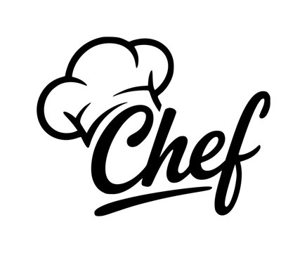 Minimalist black and white of a chef hat with cursive typography text