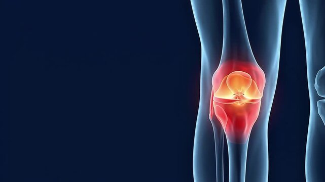 3D Medical Animation Highlighting Knee Joint Pain and Inflammation on Dark Blue Background