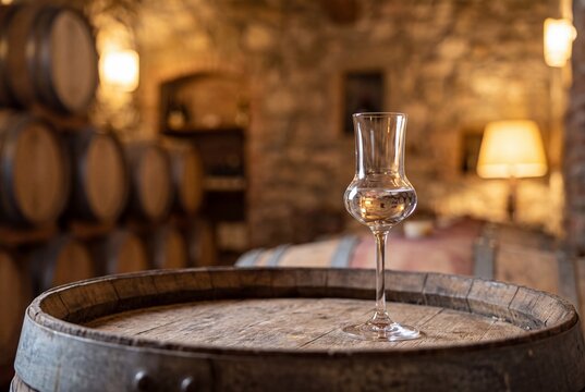 An elegant tulip glass filled with clear, authentic Italian grappa resting on a rustic wooden oak barrel inside a traditional, dimly lit wine cellar in Italy.