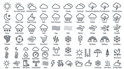 Fototapeta premium Large collection of minimalist outline weather icons including sun, clouds, rain, snow and wind symbols, perfect for mobile app design, meteorological reports and web interface development