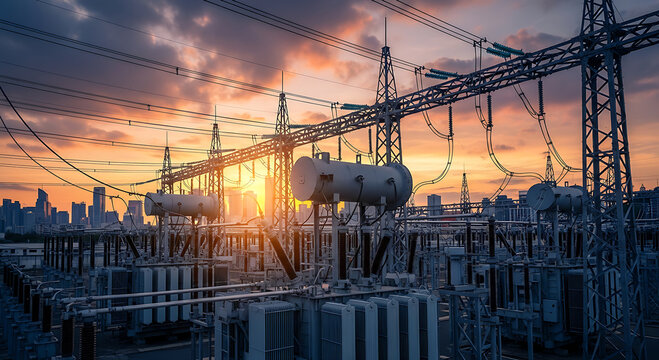 High voltage power substation at sunset with electrical infrastructure.