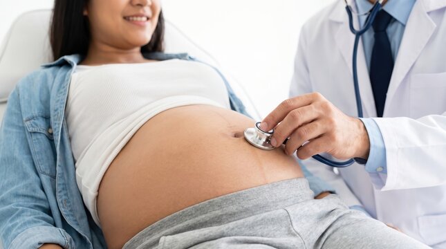 Male physician performing prenatal medical checkup on pregnant patient with a stethoscope.
