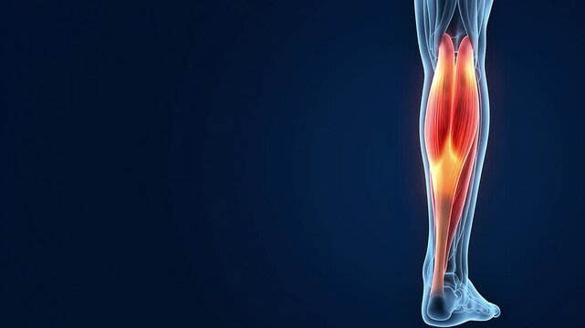 Glowing Red Calf Muscle Strain in 3D Medical Animation on Dark Blue Background