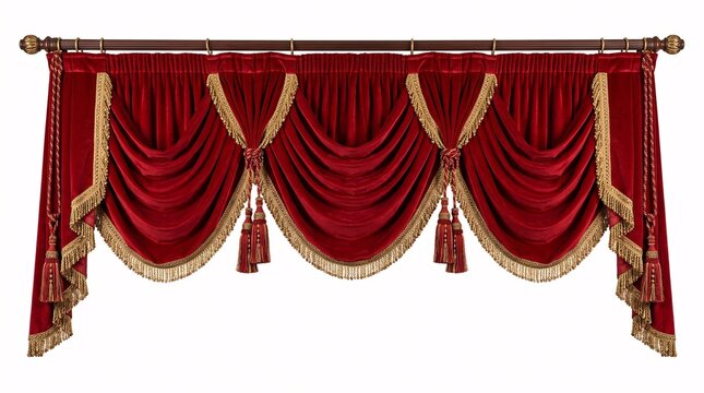 Ornate red velvet curtain valance with luxury gold trim and hanging tassels on a rod.