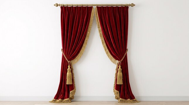 Heavy red velvet drapery with decorative gold tassels, fringe trim, and a golden rod.