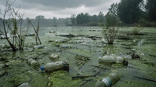 polluted wetlands with plastic bottles and debris under overcast sky