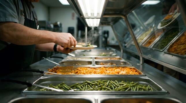 A server prepares a plate of food from a heated buffet line in a commercial cafeteria kitchen setting