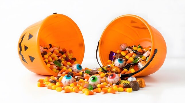 Two orange plastic jack o lantern candy buckets filled with candy corn and spooky eyeball treats for halloween