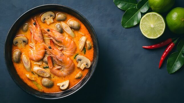 Top view of spicy thai tom yum soup with shrimp and mushrooms served in a black bowl on dark background