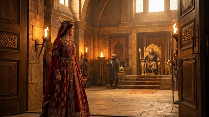 Naklejka premium Queen Esther in rich Persian dress entering golden palace throne room toward King Ahasuerus on throne, biblical Old Testament scene.