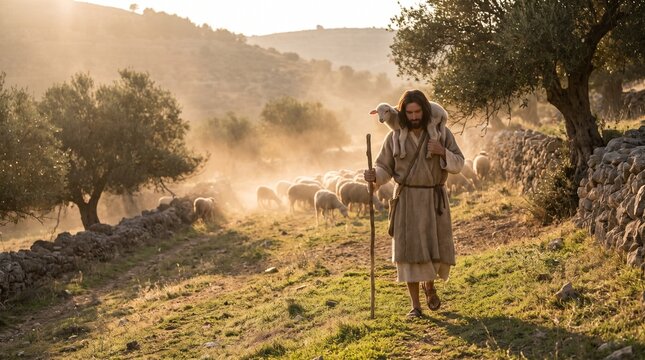 Jesus Christ walking down stone path holding wooden staff while carrying a lamb on his shoulders surrounded by sheep, Good Shepherd photo.