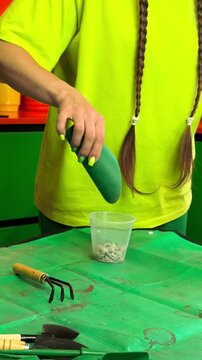 Adding perlite to a small pot during indoor plant repotting, houseplant care, soil aeration, healthy root growth, home gardening.